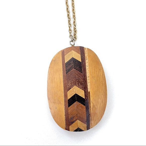 Vintage Handmade Wood Inlay Pendant Necklace - Picture 6 of 9